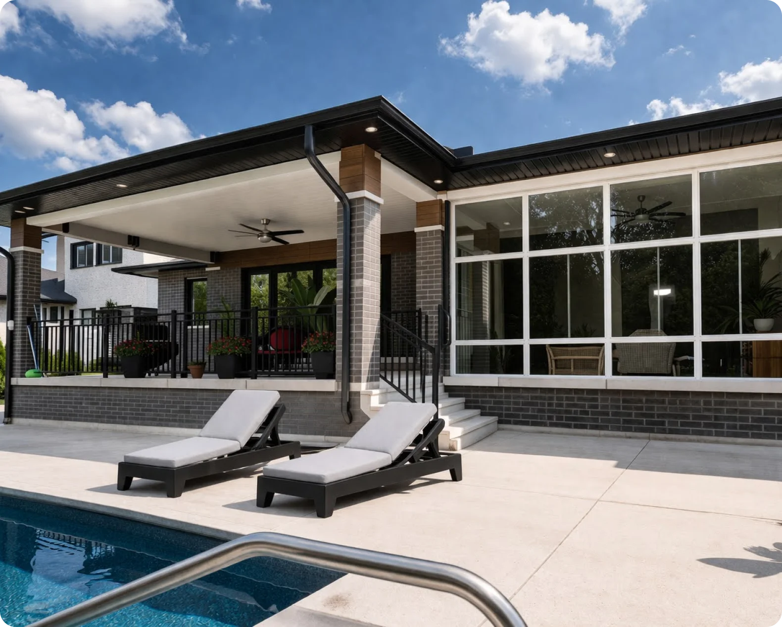 Red Adirondack chairs on a wooden deck overlooking the water