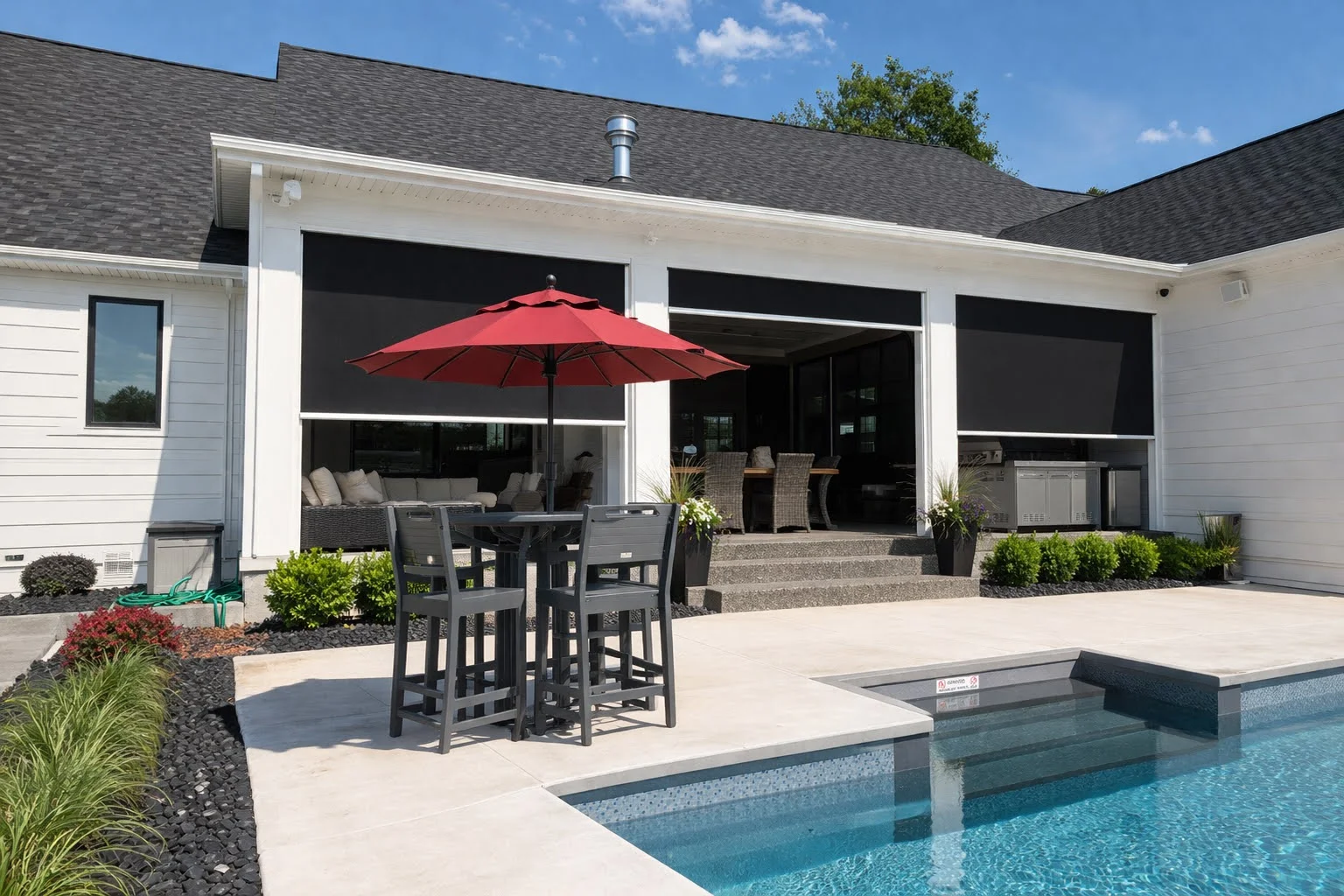 Outdoor patio area with motorized retractable screens near a swimming pool