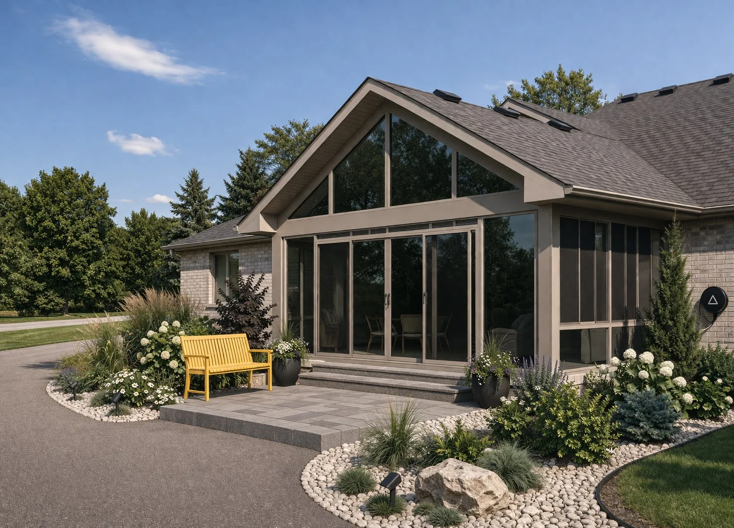 Glass sunroom addition with outdoor landscaping and patio seating